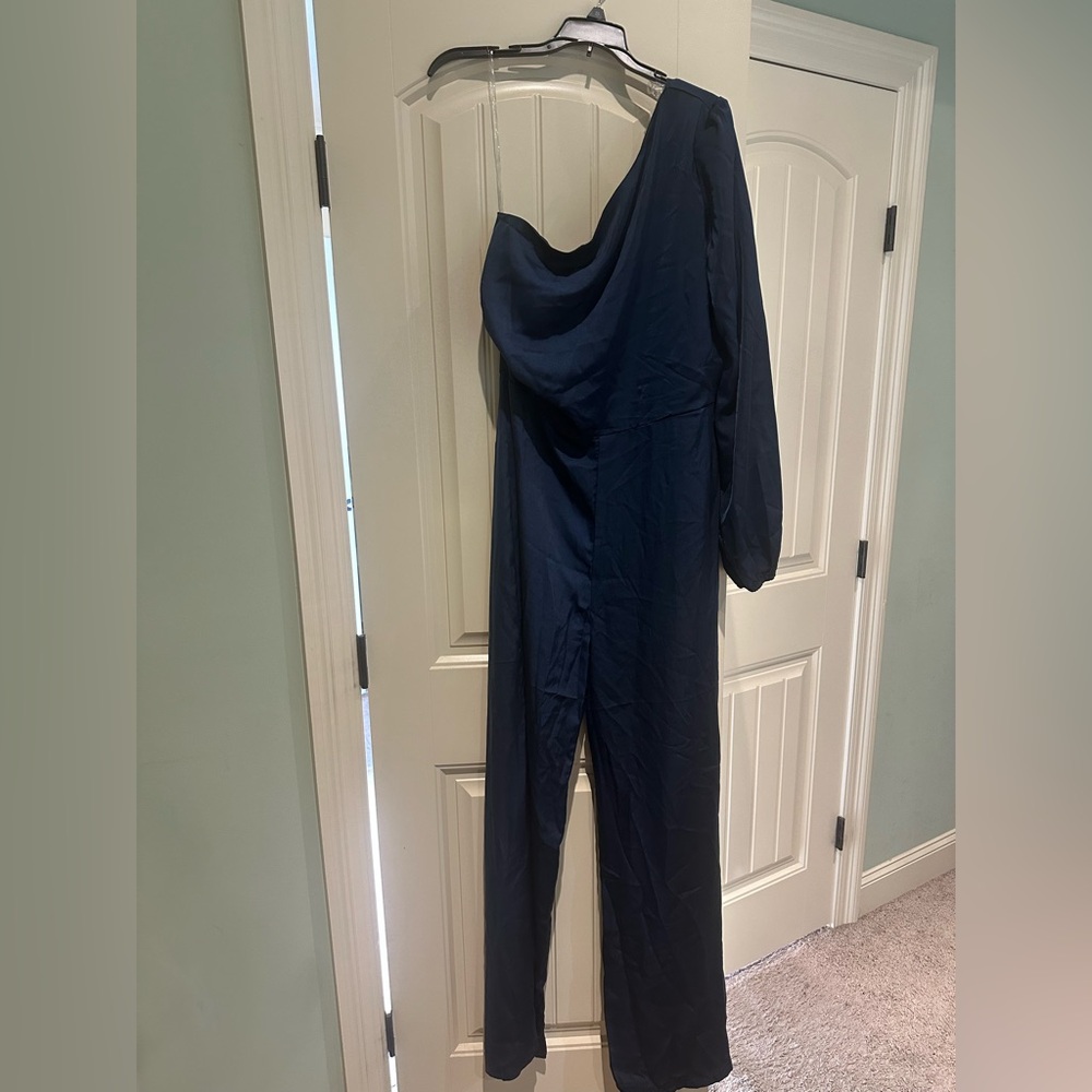 Satin Navy Blue Fashion Nova one sleeve Jumpsuit